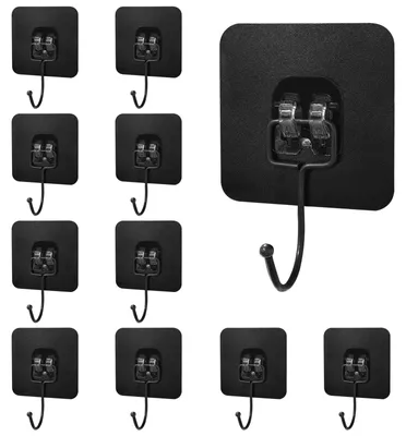 Produktbild von Selbstklebende Haken, extra starke Handtuchhaken, selbstklebende Haken ohne Bohren, wasserfest, Wandhaken für Badezimmer, Küche, Decke, Schlafzimmer (10 Stück, schwarz)