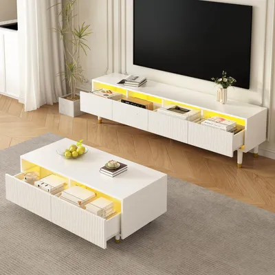 Produktbild von STILVORA Wohnzimmermöbel-Set mit Lowboard&Couchtisch,Möbelset mit LED-Beleuchtung&Acrylfront,Wohnzimmerset mit Wellenstruktur,weiß