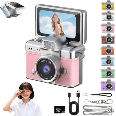Zdjęcie produktu dla Kompaktowy aparat cyfrowy dla dzieci – mini aparat w stylu retro – rozdzielczość Full HD 1080p – ekran IPS o przekątnej 0,96 cala – 6 filtrów kolorów – w zestawie karta pamięci 64 GB – kolor różowy