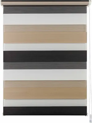 A close-up view of a roller blind with horizontal stripes of alternating opaque and sheer fabric.