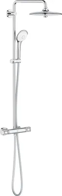 A chrome shower system with a rain shower head and a handheld shower head, mounted on a white background.