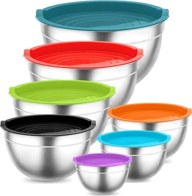 Produktbild von 7-teiliges Set aus rostfreiem Stahl Mischschüsseln - luftdichtem Deckel - stapelbar - spülmaschinenfest - 65 l 45 l 3 l 25 l 15 l 12 l 07 l - bunt