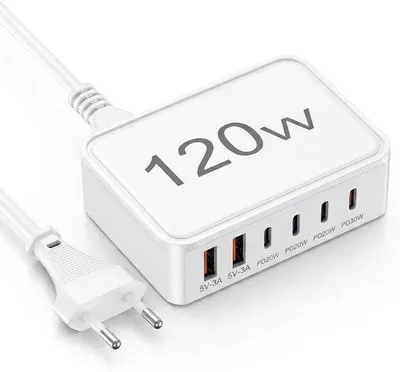 Productafbeelding van USB-C-oplader, 120 W, snellaadstation met 6 poorten (3 USB-C + 3 USB-A), meervoudige oplader, compatibel met iPhone 15, Samsung Galaxy, iPad, laptop en andere apparaten