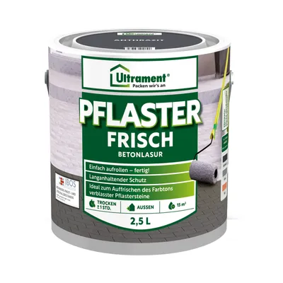 Produktbild von Ultrament Pflaster Frisch Betonlasur - Anthrazit, 2,5 Liter: Einfach aufzutragen, UV- und witterungsbeständig, schnell trocknend, ideal für Außenbereiche und saugfähige Betonsteine.