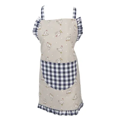 Imagen del producto de Delantal infantil Unyqoos® Clayre & Eef, 48x56 cm, 100% algodón, color azul con motivo de gallina, estilo rústico, con bolsillo y cintas ajustables para el cuello