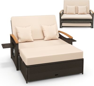 COSTWAY 3in1 Garten Tagesbett mit 4-stufig verstellbarer Rückenlehn, Doppelliege Rattan 121x167x91cm