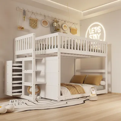 Image de OKWISH Lit superposé bas 140×200 cm avec espace de rangement, lit mezzanine avec barrière de sécurité, lit en bois massif avec sommier (lit inférieur sans sommier), blanc