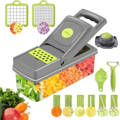 Produktbild von Famanu Gemüseschneider - Multifunktional mit 8 Klingen und Abtropfsieb