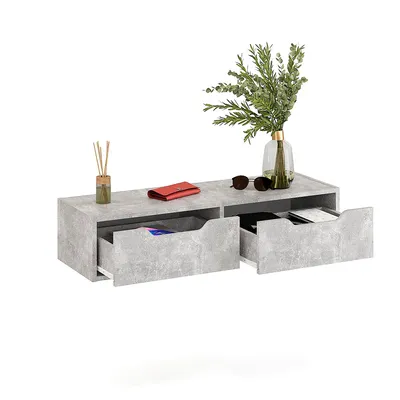 Produktbild von KOMTO Wandregal Beton mit 2 Schubladen – Hängender Nachttisch, Wandkommode, Schminktisch Wandmontage, Garderobenschrank | NOKA 100 x 32,5 x 22 cm
