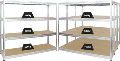 Produktbild von Mega Deal | 4x Schwerlastregal DINO | HxBxT 180x200x60 cm | 4 MDF-Platten-Ebenen 6,5 mm |  Fachlast 500kg | Verzinkt