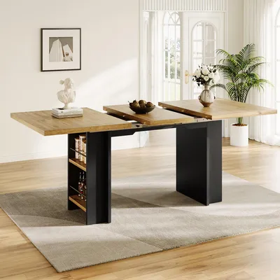 Produktbild von okwish Esstisch Teleskoptisch mit Regalen,Küchentisch mit Offener Stauraum,Klapptisch,für Küche und Wohnzimmer,Naturholz