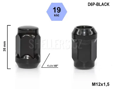 Obrázek produktu pro Kolová matice M12x1,5 kužel zavřená, černá, klíč 19, D6P-BLACK, výška 35 mm