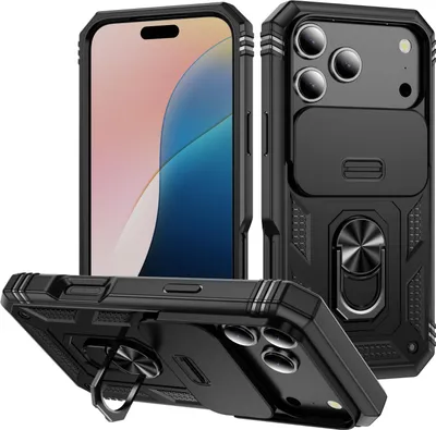 Obrázek produktu pro Pouzdro pro iPhone 17 Pro posuvná ochrana kamery, robustní nárazuvzdorné, s držákem prstenu, stojánkem a držákem na karty černé