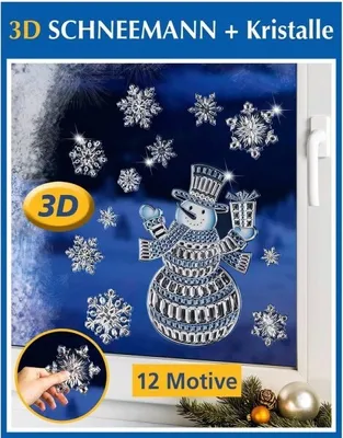 Produktbild von 12 tlg. Wenko 3D Fenster Nachbildung Deko Schneemann Schneeflocken Kristalle Winter Weihnachten Fensterbilder