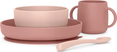 Produktbild von Suavinex, Kindergeschirr Set, Baby-Essensset, Silikongeschirr, Kinderteller mit Saugnapf. Teller + Schüssel + Löffel + Tasse. Lebensmittelgerechtes Silikon, Spülmaschinenfest, Mikrowellengeeignet Rosa