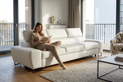 Produktbild von Schlafsofa SAVIO 3 Boston – verstellbare Kopfstützen, Kunstleder in Weiß, Family Meble, KI-generiertes Bild