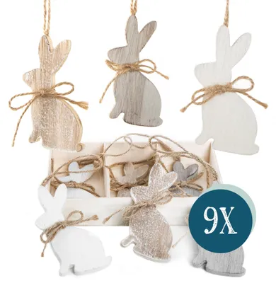 Produktbild von 9 Holz Osterhasen 10 cm beige braun weiß - Holzosterhasen Vintage Osterdeko