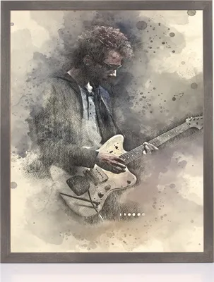 A watercolor-style illustration of a man playing a guitar.