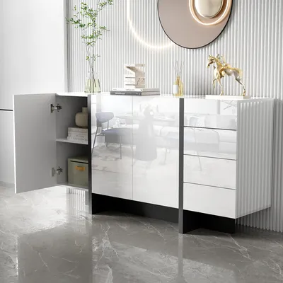 Produktbild von Fortuna Lai Kommode Hochglanz Weiß, Sideboard mit 4 Schubladen und 2 Türen, hochglänzend Wohnzimmerschrank, 150 x 40 x 80 cm