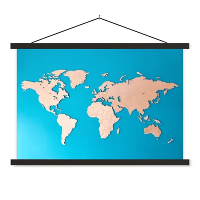 Produktbild von MuchoWow® Textilposter Weltkarte - Holzfarbe - Blau 120x80 cm mit schwarzem Rahmen - Wanddeko