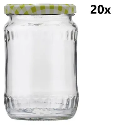 A clear glass jar with a checkered lid, presented against a white background.