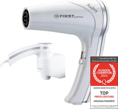 Produktbild von TZS First Austria Haartrockner mit Wandhalterung, 1200W, 2 Temperatureinstellungen, Kühlfunktion, 180cm Kabel, Thermosicherung, Weiss
