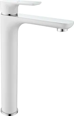 A white and chrome faucet on a white background.