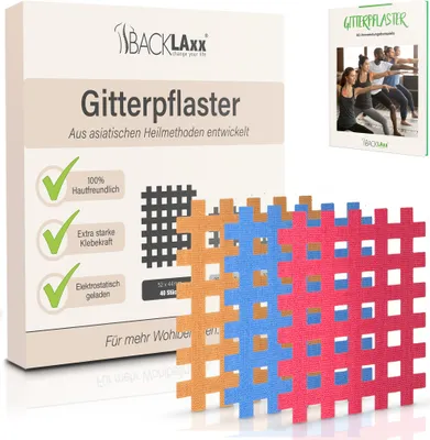 A product box and a booklet are shown, with colorful grid tapes in the foreground.