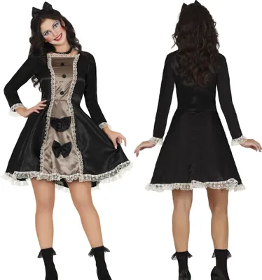 Productafbeelding van Victoriaans poppenjurk, strik, kant, Halloween kostuum, 19e-eeuwse charme, maat: 36 - 38 (S), kleur: zwart