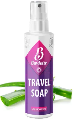 Produktbild von BAVIETTE Eco Travel Soap 100 ml – kompakte Reise-Seife mit Mikroorganismen für Hände, Geschirr & Wäsche unterwegs
