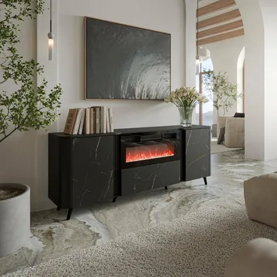 Image de Briano - Buffet, 191x40x69h cm Blanc Marbre, 2 Étagères