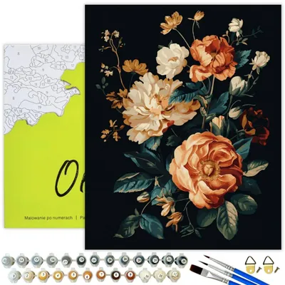 Immagine prodotto di Oh Art! Pittura numerica Fiori - Peonie su tela nera 50x40 cm con cornice, 29 colori incl. vernice dorata, pennelli e set di colori acrilici