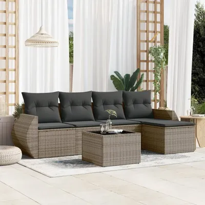 Produktbild von Design 6-tlg. Garten-Sofagarnitur mit Kissen Grau Poly Rattan, Gartenmöbel-Sets 2024 Neu