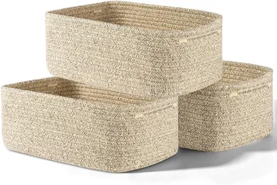 Image de Lot de 3 paniers de rangement, tressés, dimensions 30 x 20 x 11 cm, en coton et lin, pour organiser