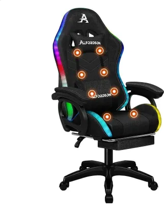 Imagen del producto de Silla gamer, sillas gamer con luces LED RGB, sillón de carreras para PC, silla de oficina con masaje, diseño ergonómico, silla de escritorio con reposapiés, ángulo de reclinación de 90-150°, capacidad de carga de 180 kg, tela, color (usada)