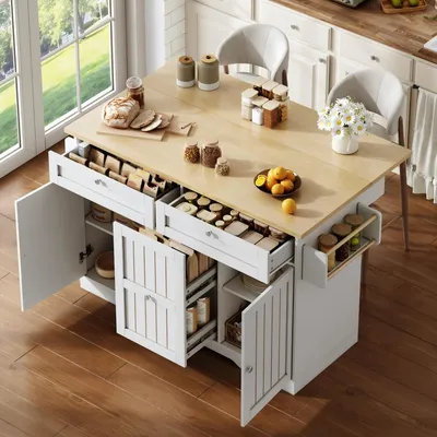 Produktbild von Mobile Kücheninsel mit klappbarer Arbeitsplatte, Servierwagen & Aufbewahrungsschrank, vertikalen & großen Schubladen, feststellbaren Rollen, 120×45(70)×92 cm
