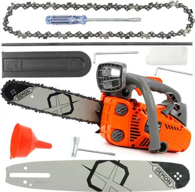 A collection of chainsaw parts and accessories laid out on a white background.