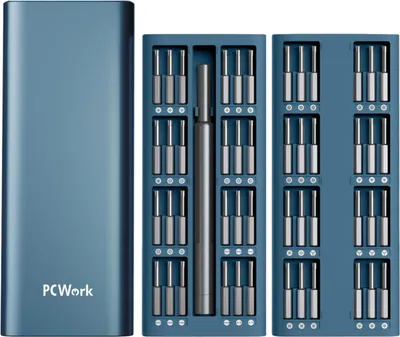 A blue metal case for a precision screwdriver set is shown open, revealing the screwdriver handle and multiple bits arranged in compartments.