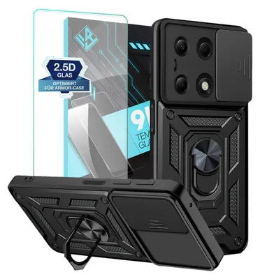 Produktbild von Armor Handyhülle für Xiaomi Redmi Note 13 Pro mit 9H Displayglas Displayschutz Kameraschutz Handy Panzer Case Cover Schutzhülle Outdoor Farbe: Schwarz