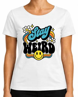 Produktbild von Stay Weird Smiley Groovy 70er Retro Blumen Regenbogen Hippie Daisy Damen T-Shirt, Weiß, XL