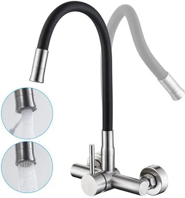 Produktbild von Wandmontierte Küchenarmatur aus Edelstahl, mit 2 Wasserstrahlarten, flexibler Auslauf