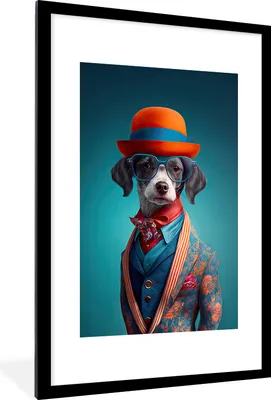 Produktbild von MuchoWow® Gerahmtes Poster Hund - Jacke - Blumen - Porträt - Blau 60x90 cm - Poster mit Schwarzem Bilderrahmen Wandposter Rahmen Foto Bilder - Dekoration - Wandposter Wohnzimmer - Hochwertig