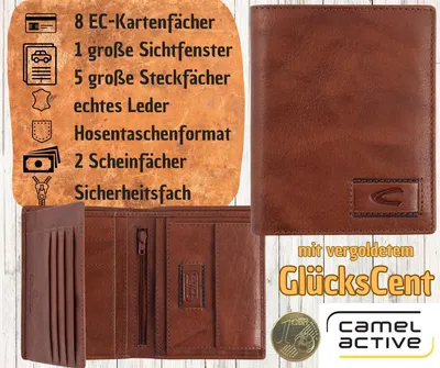 Produktbild von camel active Herren Geldbörse Leder Herrenbörse Lederbörse Brieftasche Börse hochformat hellbraun mit Glückscent