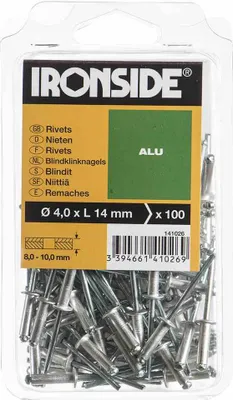 Produktbild von IRONSIDE Blindnieten 4,0 x 14 mm Aluminium, Verpackungsinhalt: 100 Stück