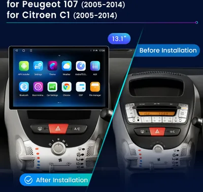 Obrázok produktu pre CarPlay pre Toyota Aygo, Citroen C1, Peugeot 107, 13,1" Android 15 autorádio, GPS navigácia, Wi-Fi, 4G, Bluetooth, RDS, USB, DAB+, 2+32G, 8-jadrový procesor
