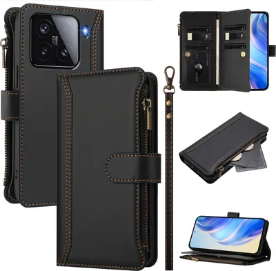 Immagine prodotto di Custodia per Xiaomi 15, con cerniera, portafoglio in Finto cuoio con tasche per carte, supporto e passante per mano nero