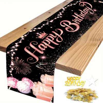 Immagine prodotto di Tovaglia da tavolo per compleanno, colore nero e oro, dimensioni 180x40 cm, con scritta "Buon Compleanno" e decorazioni a forma di coriandoli