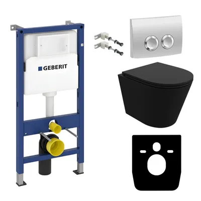 Produktbild von DOMINO Geberit Duofix Basic Vorwandelement + Wand-WC Tiefspül Galve Becken Schwarz Spülrandlos + Bedienplatte Delta 25 für Doppelspülung | Komplettset