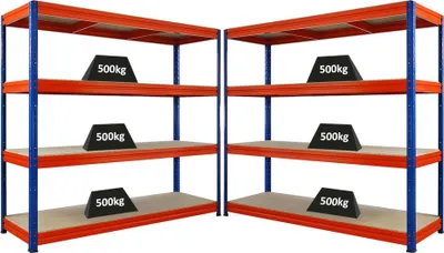 Produktbild von Mega Deal | 2x Schwerlastregal DINO | HxBxT 180x200x60cm | 4 Spanplatten-Ebenen 16mm | Fachlast 500kg | Blau/Orange