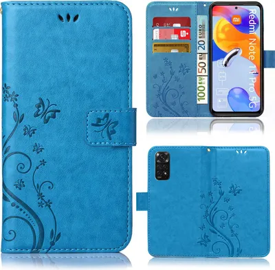 Produktbild von Handy Tasche für Xiaomi Redmi Note 11 Pro / 11 Pro 5G  Schutz Hülle Handyhülle mit Blumenmuster Klapp Hülle mit Standfunktion und Kartenfächer Blau